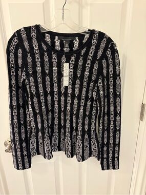 White House Black Market Black and White Striped Pattern Long Sleeve sweater